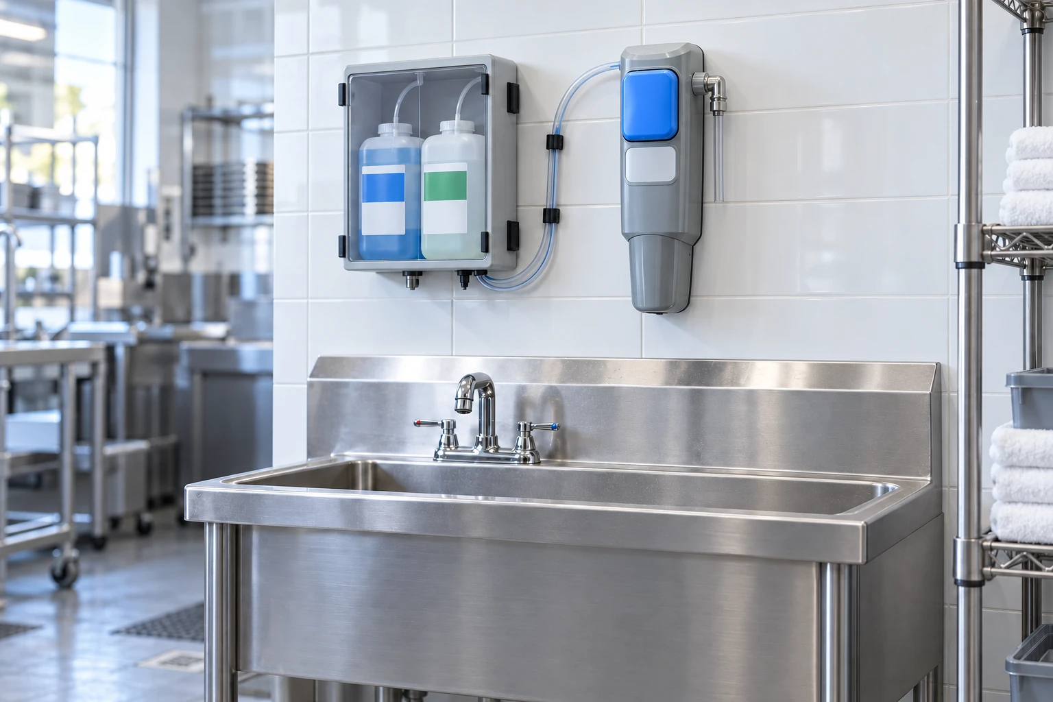 Chemical dosing equipment above a stainless steel utility sink in a professional cleaning area