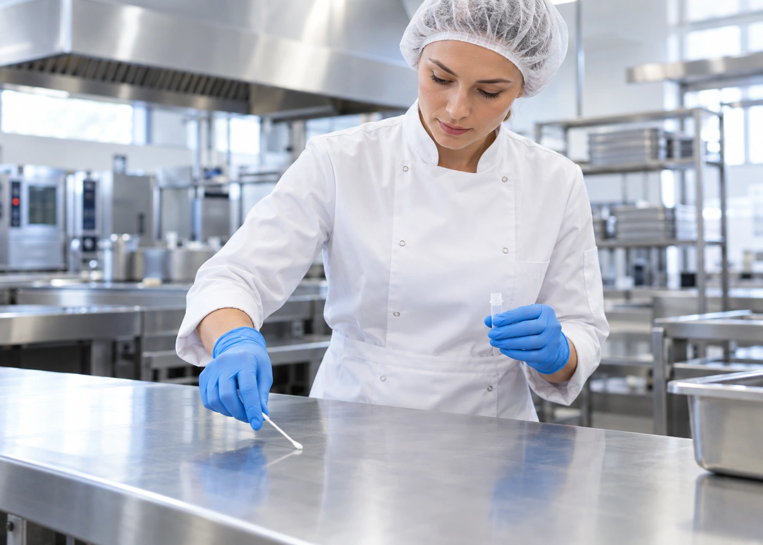 Hygiene supervisor checking a stainless steel worktop with a surface swab