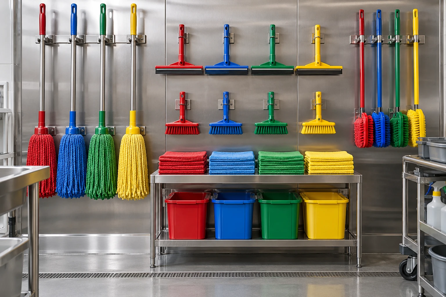 Colour-coded professional brushes, cloths and floor-cleaning tools