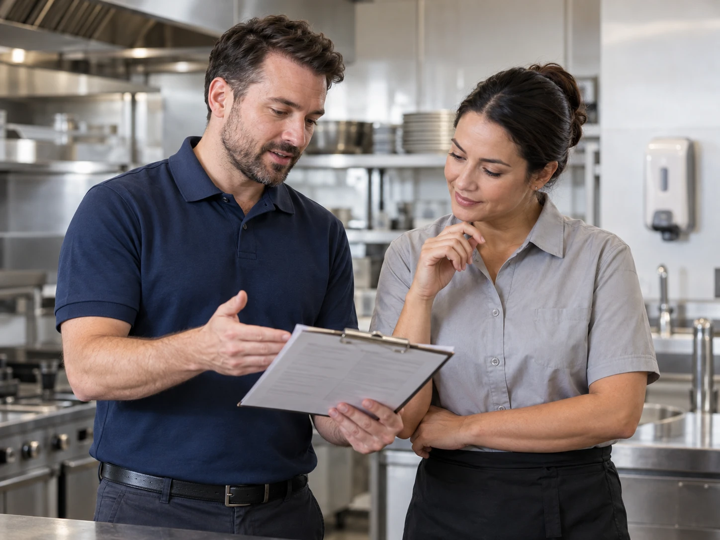 Hygiene advisor discussing a cleaning plan with a restaurant supervisor